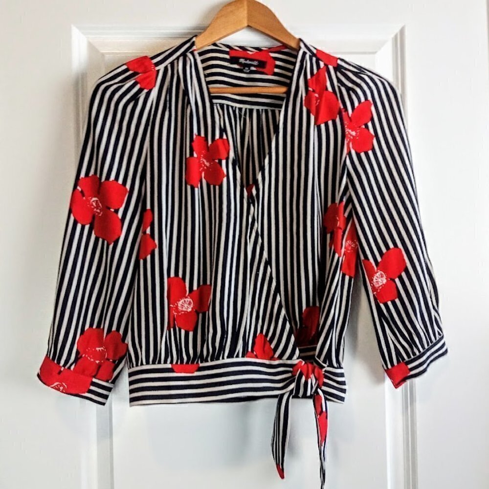 Madewell Candied Orchids Striped Red Floral Wrap Top XS
